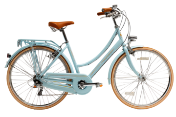 Elegant light blue bicycle with brown leather seat and grips retro design isolated on a transparent background