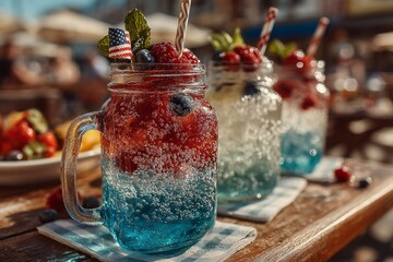 Mocktail drink beverage with mason jar and patriotic style. Summer refreshment cocktail table garnish for holiday use by design. Ideal stock for lifestyle or menu use.