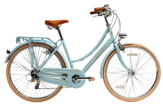 Elegant light blue bicycle with brown leather seat and grips retro design isolated on a transparent background