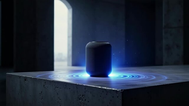 A black speaker sits on a table in a dark room