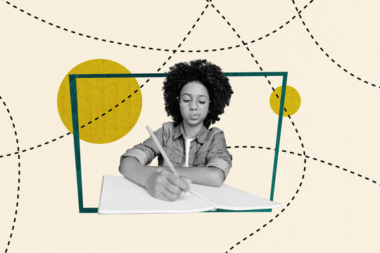 Creative trend artwork design 3D collage sketch of courses college fall lesson classroom young age schoolboy write notebook task homework