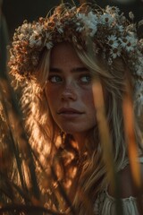 Portrait of a Freckled Blonde Woman in a Flower Crown