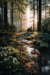 Obraz premium Sunlit Forest Path With White Flowers and Fog
