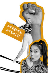 Composite 3D collage design of democracy movement social leader election citizen feminism fist up...