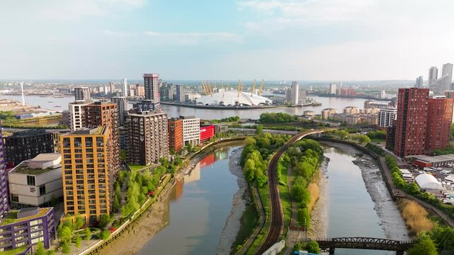 Aerial view of The O2 Arena and city skyline, United Kingdom.