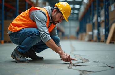 Worker inspects crack concrete floor warehouse. Man wearing safety gear checks damage. Safety first in industry. Technician examines surface for construction, repair work. Worker, industry pro,