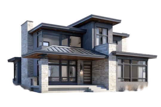 Modern house design stone exterior large windows metal roof isolated on a transparent background