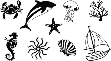 Obraz premium Black and White Sea Life Vector Icons – Dolphin, Seahorse, Jellyfish, Boat and More in Nautical Silhouette Style