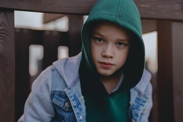 A hearing-impaired boy with a hearing aid enjoys fresh air outdoors. His genuine expressions...