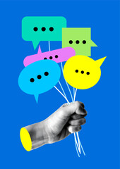 Halftone hand holding speech bubbles. Concept of surveying people. Collecting different opinions. Concept of influence and blogging. Modern collage