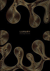 Template with linear drops. Wavy golden design. Luxury vertical banner with wave pattern. Flowing liquid texture. Bronze curves. Black background with gold lines. Geometric dynamical rippled surface