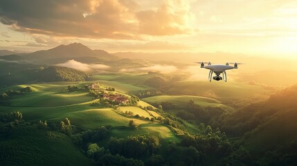 Fototapeta premium Drone captures vast green landscape during golden hour with rolling hills and distant mountains