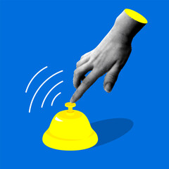 Halftone hand presses the bell at the reception. Calling attention. Hotel bell. Ringing service bell. Modern collage