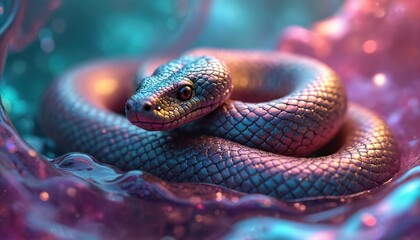 Fototapeta premium Coiled iridescent snake illustration. Swirling abstract colors purple, blue, pink, green, yellow. Metallic shiny fluid dynamic shape design. Digital art featuring three-dimensional pattern with