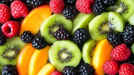 Obraz premium Colorful fruit tart featuring kiwi, berries, and peaches at a summer gathering