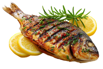 Grilled fish lemon rosemary herbs spices delicious food isolated on a transparent background