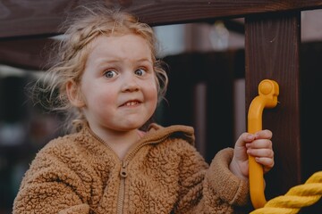 Beautiful 3-year-old girl playing on a neighborhood playground swinging, running on the grass, and enjoying fresh air. A joyful, natural moment full of real emotions and unaltered beauty