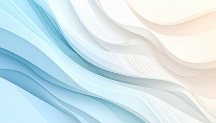 Fototapeta premium Soft pastel abstract background with smooth gradient waves, flowing lines, gentle texture, subtle light and shadows, minimalistic, modern, calming tones, white, beige, blush, baby blue background.
