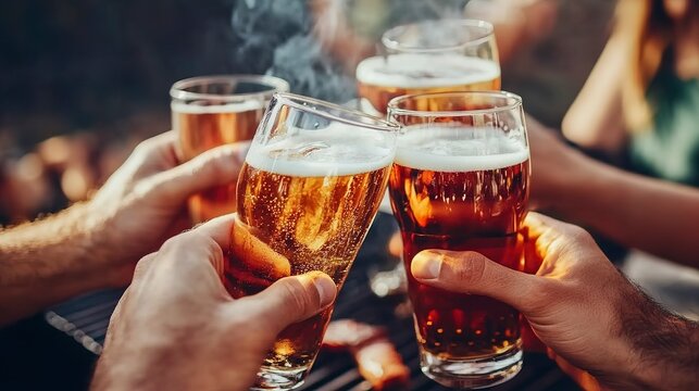 Friends enjoying drinks together at an outdoor barbecue party during a sunny afternoon gathering