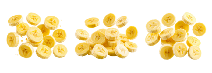 Collection of banana slices falling against a transparent background, creating a dynamic and appetizing image