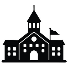 Simple Silhouette of a Classic School Building with a Flag on the Roof