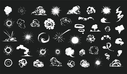 Fortytwo white cartoon explosions bursts and puffs in various shapes on a black background
