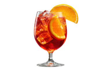 Aperol Spritz cocktail garnished with orange slices and ice in a stemmed glass on black background isolated on a transparent background