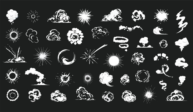 Fortytwo white cartoon explosions bursts and puffs in various shapes on a black background
