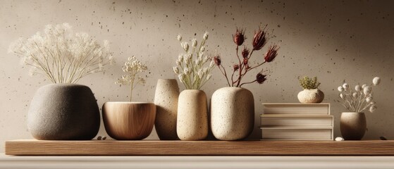 Neutral-toned Ceramic Vases with Dried Flowers on Wooden Shelf