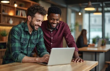 Two diverse smiling businessmen working laptop in coworking space. Men coworkers talking, laughing over project in modern office. Teamwork collaboration with computer. Startup, business, tech,