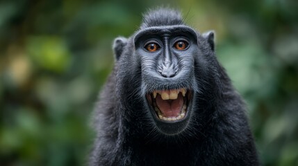 Obraz premium A black macaque with its mouth open, smiling and laughing at the camera in front of green trees, with an extremely shallow depth of field, close-up shots, clear focus, symmetrical composition, bright 