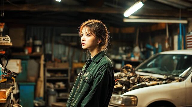 Woman in a garage, looking thoughtful