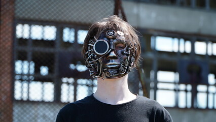 Close-up of a man wearing a steampunk mask