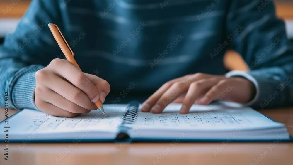 Poster Elementary school student writing intently in a notebook with a pen, focusing on taking notes during class and engaging in the learning process. Concentration and diligence mark the moment