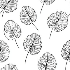 minimalist tropical leaf pattern, elegant single continuous line art of monstera and palm leaves, black on a clean white background, simple and sophisticated scandinavian feel
