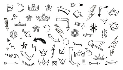 Handdrawn doodles arrows crowns stars lightning bolts  other elements sketched in black ink on white