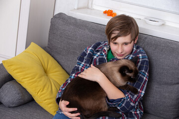 Boy cuddles his Siamese cat on a cozy couch during afternoon