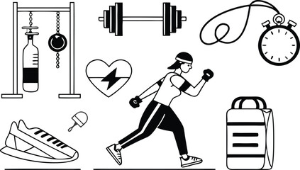 Fitness essentials graphic features workout equipment and a person exercising
