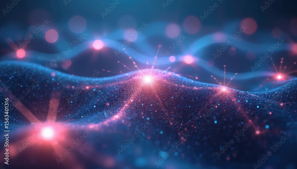 Poster digital illustration of glowing neural network. blue, pink hues, abstract concept representing conne