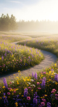 A winding stone path meanders through a vibrant field of wildflowers, bathed in morning light.