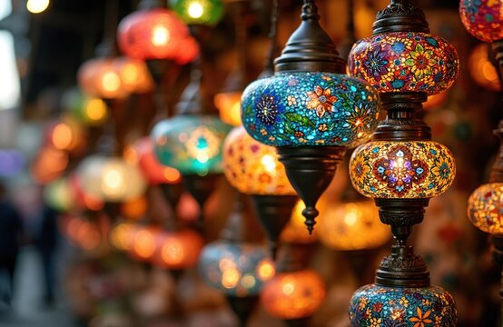 Traditional Turkish lamps lanterns hang in market shop. Colorful mosaic glass design illuminates lights. Popular souvenirs for travel tourists. Decorative art, craft handmade for home decor.
