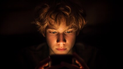 A teenage boy holding a smartphone in the dark, only his sad face lit by screen glow, symbol of digital isolation, photorealistic 