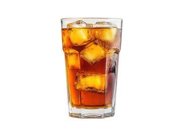 Iced tea in a glass with ice cubes refreshing drink summer beverage amber liquid cold refreshment, isolated on a transparent background