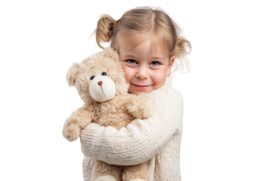 Adorable girl hugging teddy bear  isolated on white background