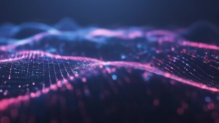A dark, abstract landscape of interconnected, glowing lines and particles forms rolling, wave-like patterns in pink and blue hues. - Powered by Adobe