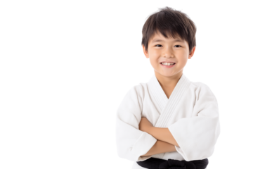 Young martial artist in karate uniform smiling confidently  isolated on white background