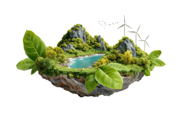 Floating Island Eco System Green Energy Wind Turbines isolated on a transparent background