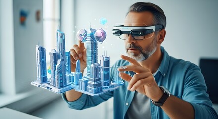 Architect Designing Futuristic Cityscape with Augmented Reality Goggles, Innovative Tech Professional Shaping Tomorrow's Urban Development with Digital Tools