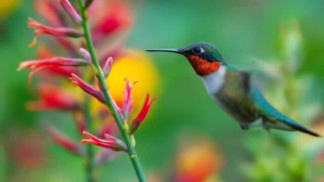 A hummingbird with a red throat and green body hovers near a stalk of pink and red flowers, extending its beak towards them.