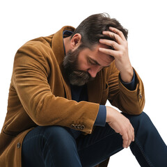 Bearded man in distress with hand on head expressing anxiety